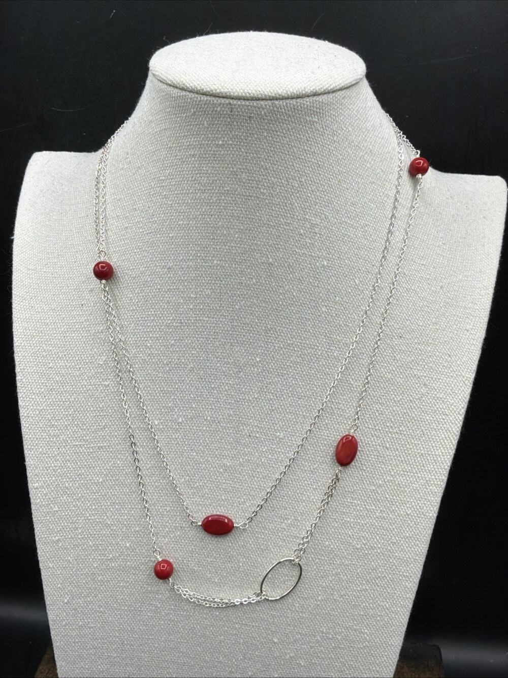 Barse Red Bamboo Coral Station Necklace- Silver- NWT